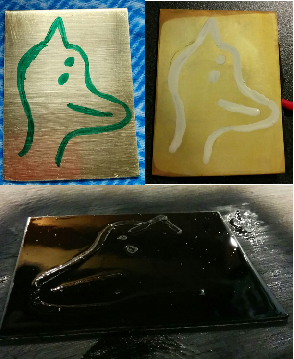 Three masking techniques. (Top left) permanent “sharpie” marker, (top right) house paint, (bottom) paper mask with enamel spray paint (the paper was peeled off to expose the metal after the paint had dried)