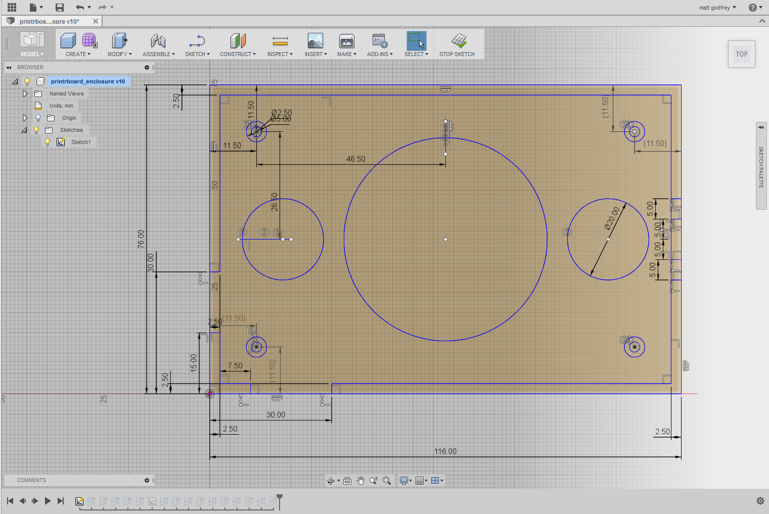 Example of a sketch created with Fusion 360. This is a case for the controller board and temperature controller for my Printrbot 3d printer, described below