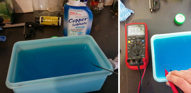 Shows the etch bath setup with copper sulfate solution. On the right is the solution resistance (~400Ohms) measured with a multimeter and the probes ~10mm apart. This was the lowest resistance I could achieve which I assume means that the solution was saturated.
