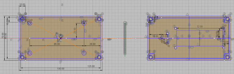 Sketch of the box and lid with standoffs, cutouts and interlocking lid.