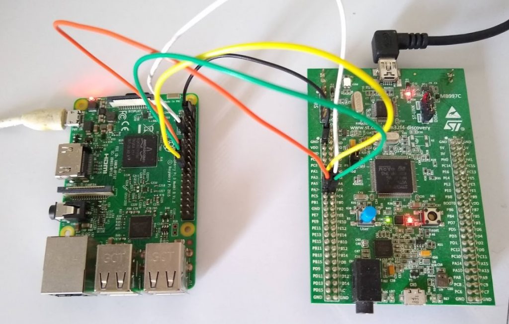 Raspberry pi to STM32F4 discovery board test setup. Note the 4-wires forming the SPI bus between the two (plus a ground wire which is not strictly necessary because the USB connected to both forms a ground reference already)
